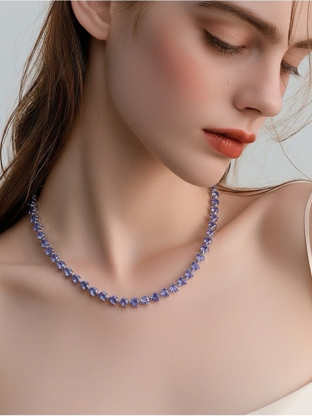 AAA Pear-Shaped Tanzanite Gemstone Tennis Necklace. Rhodium over S925. BRAND NEW